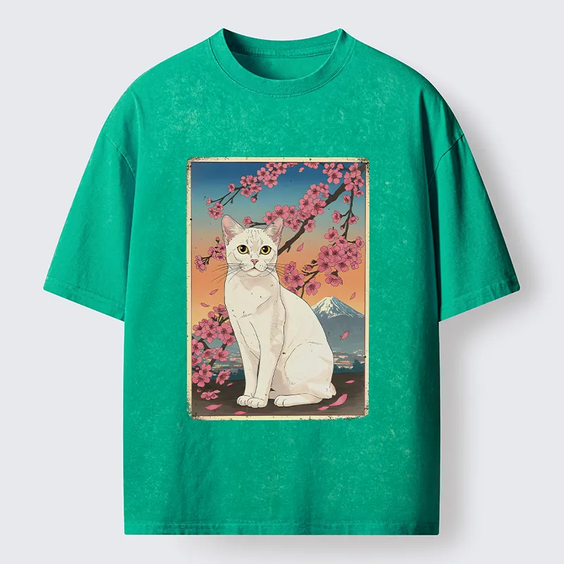 Tokyo-Tiger Sakura Fuji And Cat Japanese Art Washed T-Shirt