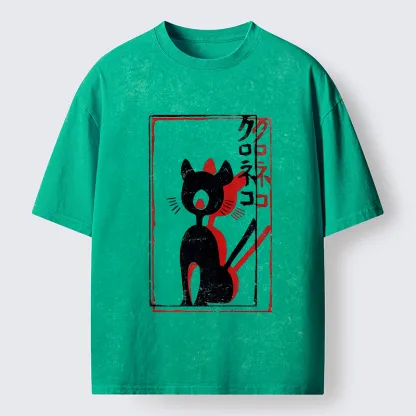 Tokyo-Tiger Japanese Retro Black Cat Poster Washed T-Shirt