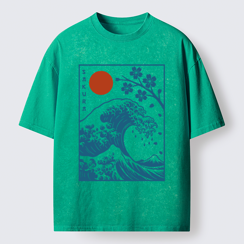 Tokyo-Tiger Japanese The Great Wave And Sakura Washed T-Shirt