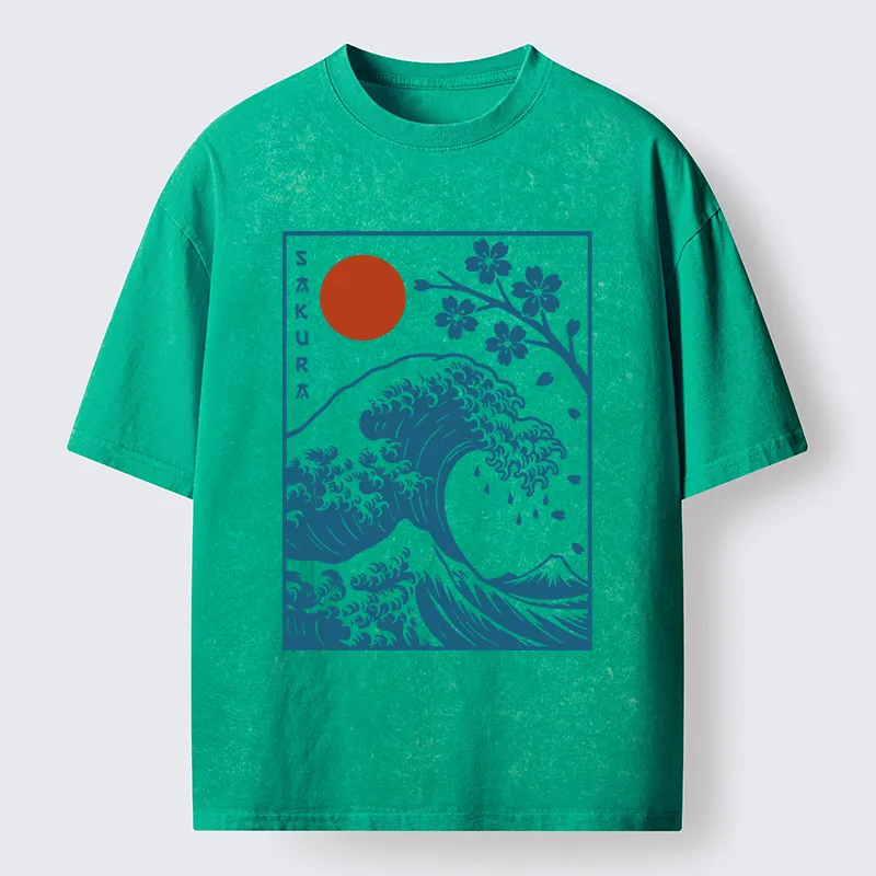 Tokyo-Tiger Japanese The Great Wave And Sakura Washed T-Shirt