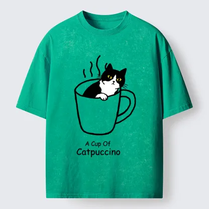 Tokyo-Tiger Catpuccino Cat Coffee Funny Washed T-Shirt
