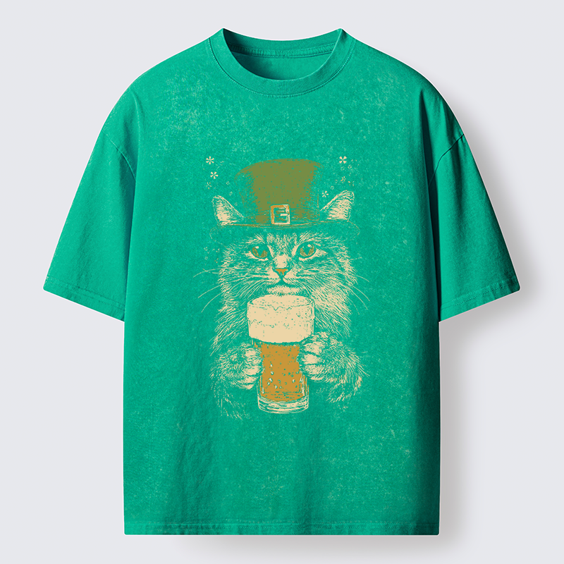 Tokyo-Tiger St Patrick's Day Drinking Cat Washed T-Shirt
