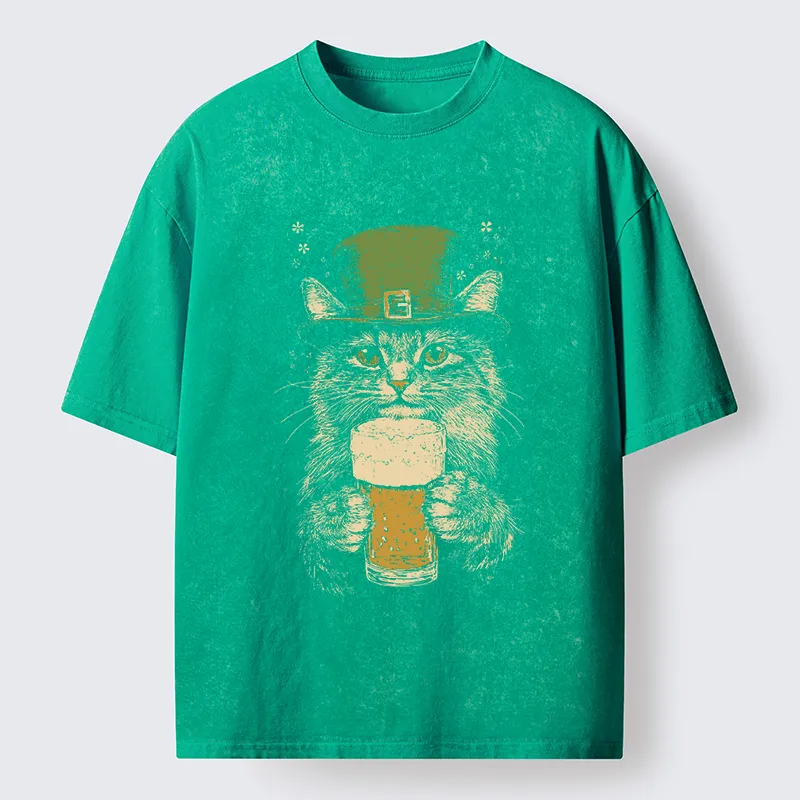 Tokyo-Tiger St Patrick's Day Drinking Cat Washed T-Shirt