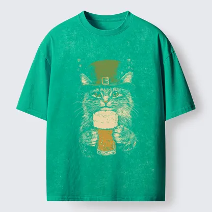 Tokyo-Tiger St Patrick's Day Drinking Cat Washed T-Shirt