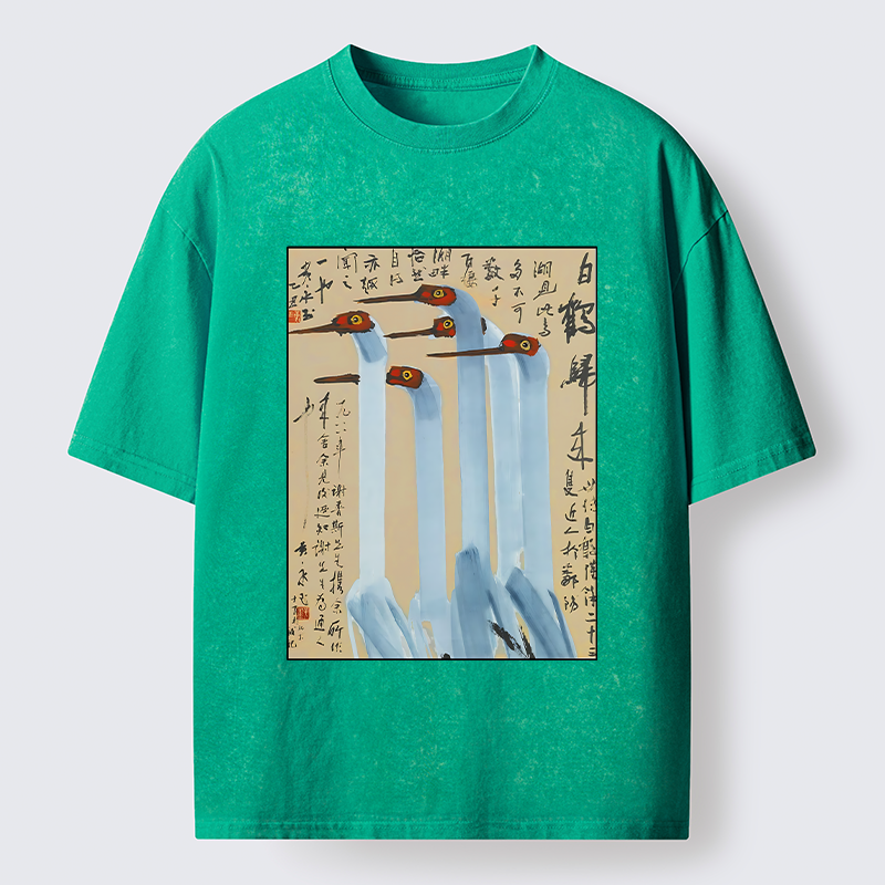 Tokyo-Tiger Vintage Ink Painting Crane Art Washed T-Shirt