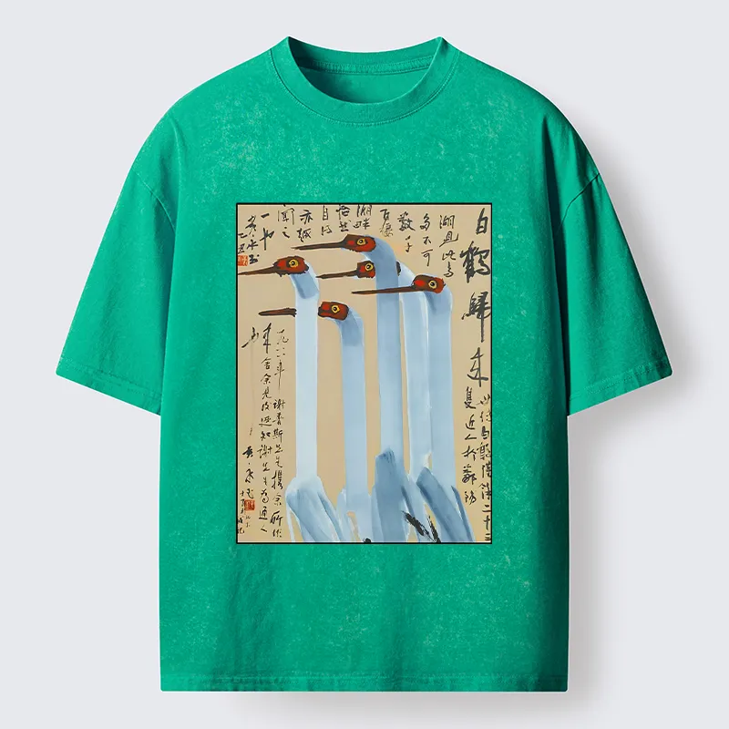Tokyo-Tiger Vintage Ink Painting Crane Art Washed T-Shirt