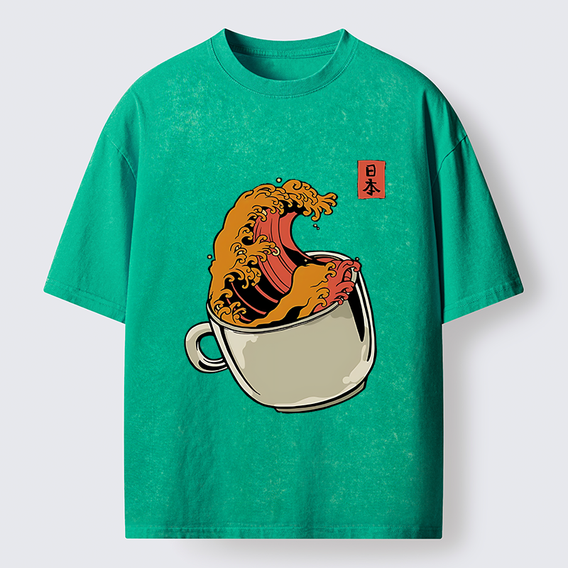 Tokyo-Tiger Japanese Wave Coffee Ukiyoe Washed T-Shirt