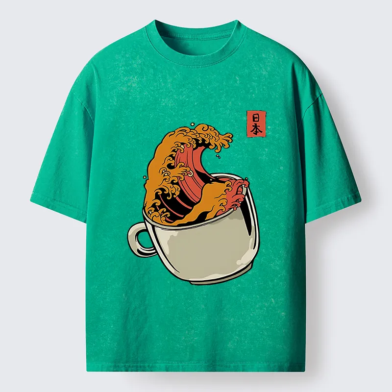 Tokyo-Tiger Japanese Wave Coffee Ukiyoe Washed T-Shirt