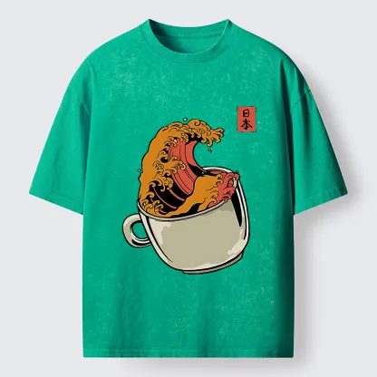 Tokyo-Tiger Japanese Wave Coffee Ukiyoe Washed T-Shirt