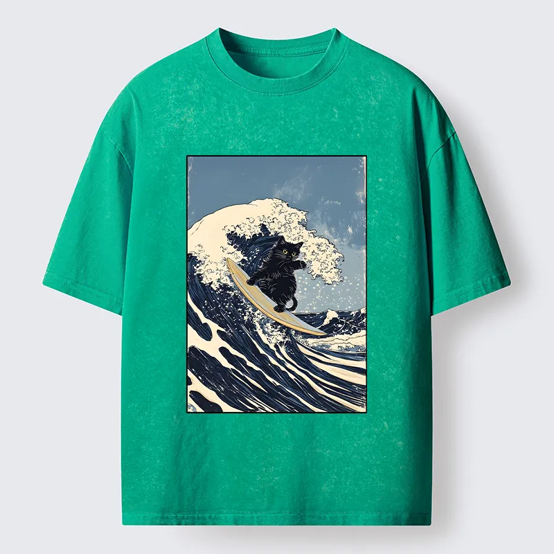 Tokyo-Tiger Black Cat Surfing Wave Japanese Ukiyoe Washed T-Shirt