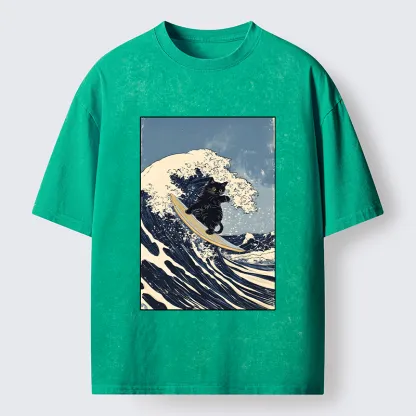 Tokyo-Tiger Black Cat Surfing Wave Japanese Ukiyoe Washed T-Shirt