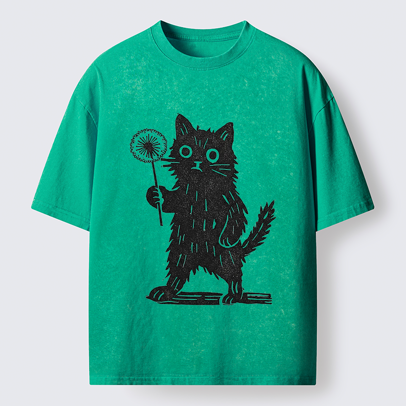 Tokyo-Tiger Cat And Dandelion Woodblock Washed T-Shirt