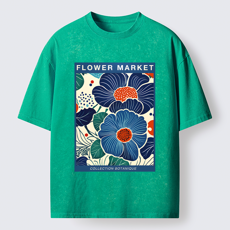 Tokyo-Tiger Blue Flowers Botanical Art Washed T-Shirt