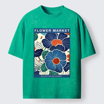 Tokyo-Tiger Blue Flowers Botanical Art Washed T-Shirt