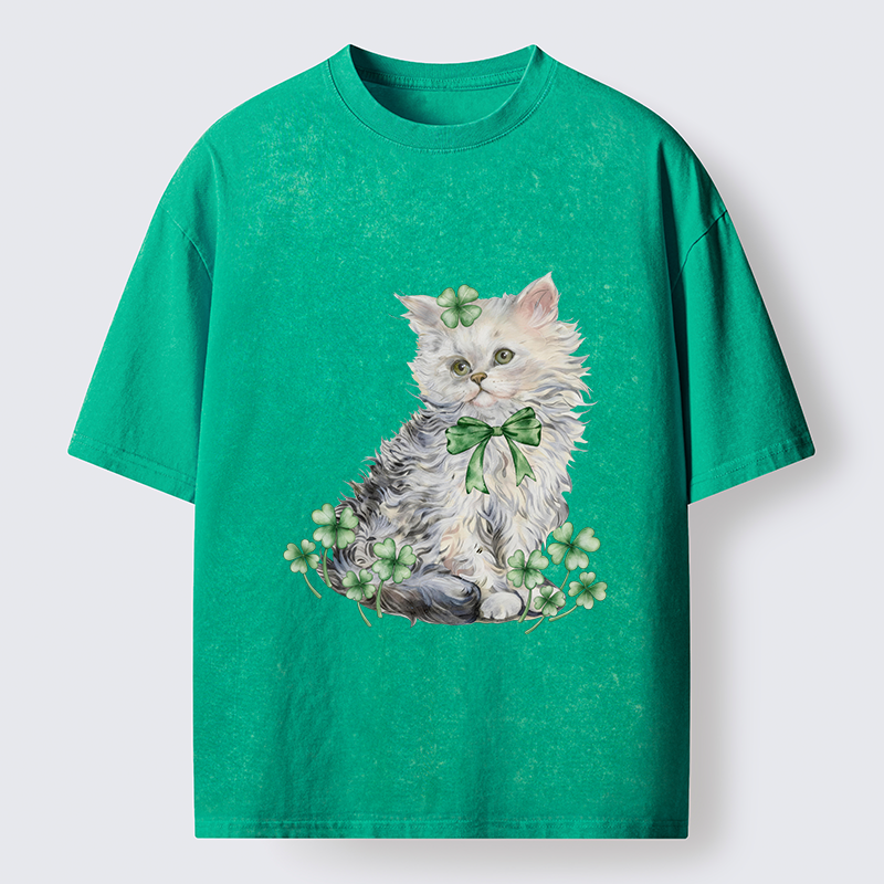 Tokyo-Tiger St Patricks Day Cat Clover Washed T-Shirt