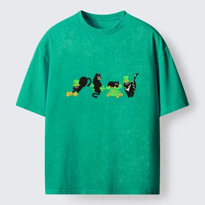 Tokyo-Tiger St Patrick's Day Black Naughty Cats Washed T-Shirt