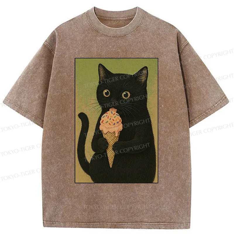 Tokyo-Tiger Kitten Rating Ice Cream Washed T-Shirt
