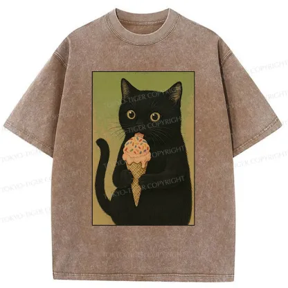 Tokyo-Tiger Kitten Rating Ice Cream Washed T-Shirt