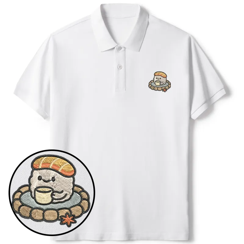 Tokyo-Tiger Cute Sushi Drinking Tea Embroidered Polo T-Shirt