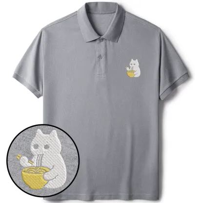 Tokyo-Tiger Cat Eating Ramen Embroidered Polo T-Shirt