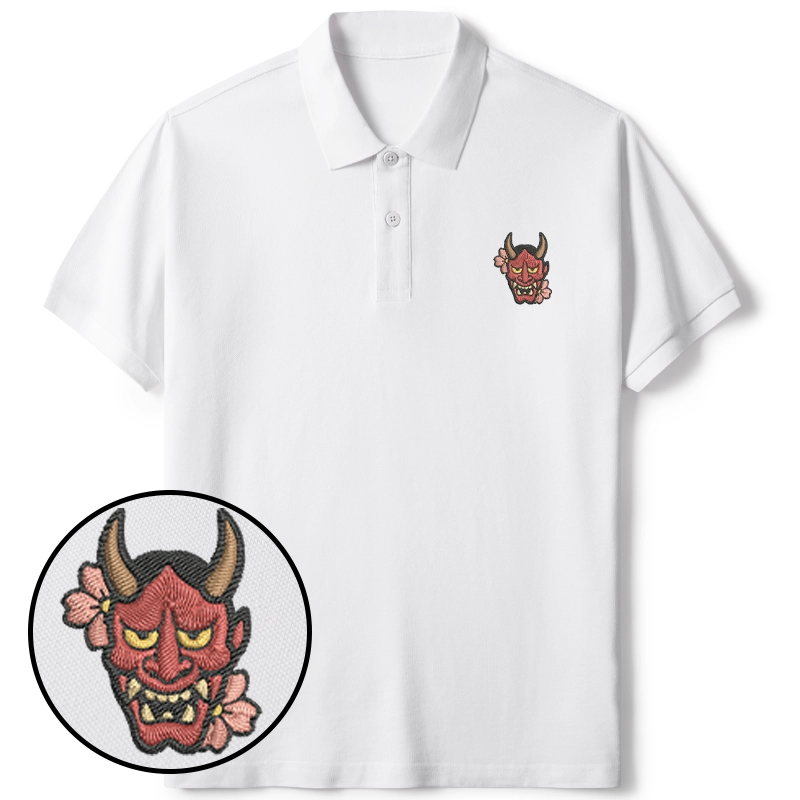 Tokyo-Tiger Oni Mask With Sakura Embroidered Polo T-Shirt
