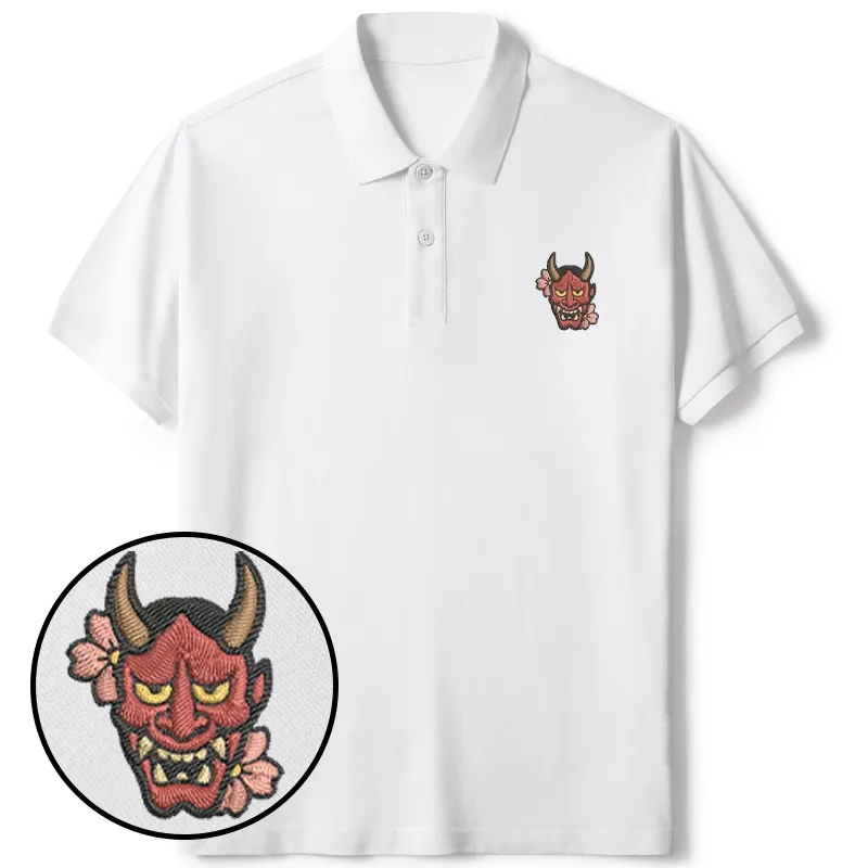Tokyo-Tiger Oni Mask With Sakura Embroidered Polo T-Shirt