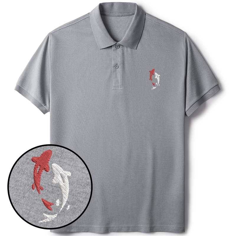 Tokyo-Tiger Two Koi Carps Embroidered Polo T-Shirt