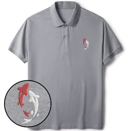 Tokyo-Tiger Two Koi Carps Embroidered Polo T-Shirt