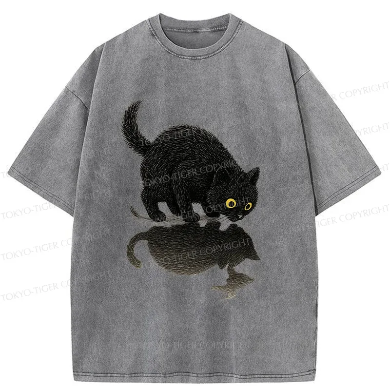 Tokyo-Tiger Cat Drinking Water Washed T-Shirt