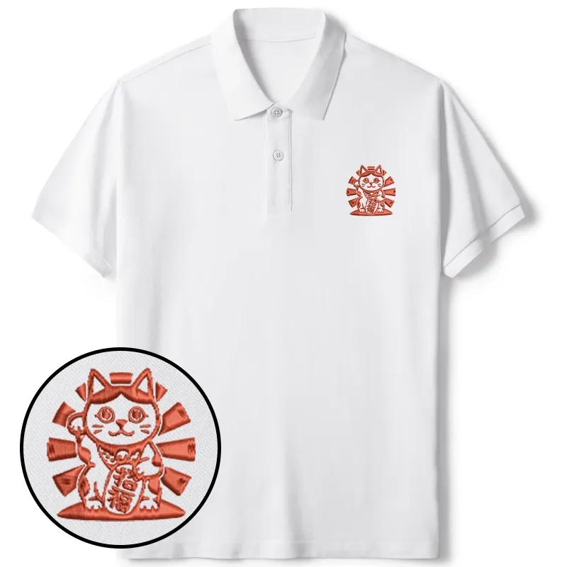 Tokyo-Tiger Japanese Lucky Cat Embroidered Polo T-Shirt