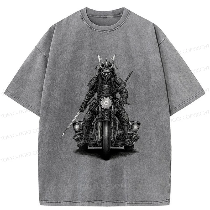 Tokyo-Tiger Samurai Riding A Motorcycle Washed T-Shirt