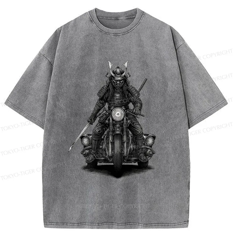 Tokyo-Tiger Samurai Riding A Motorcycle Washed T-Shirt