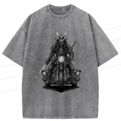Tokyo-Tiger Samurai Riding A Motorcycle Washed T-Shirt