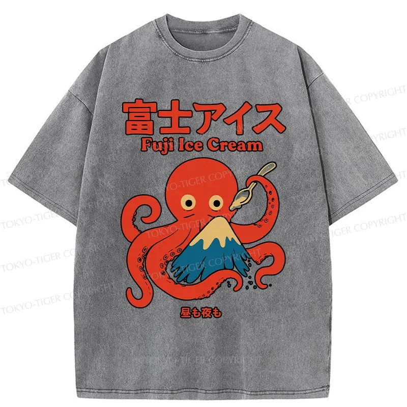 Tokyo-Tiger Octopus Eating Mount Fuji Washed T-Shirt