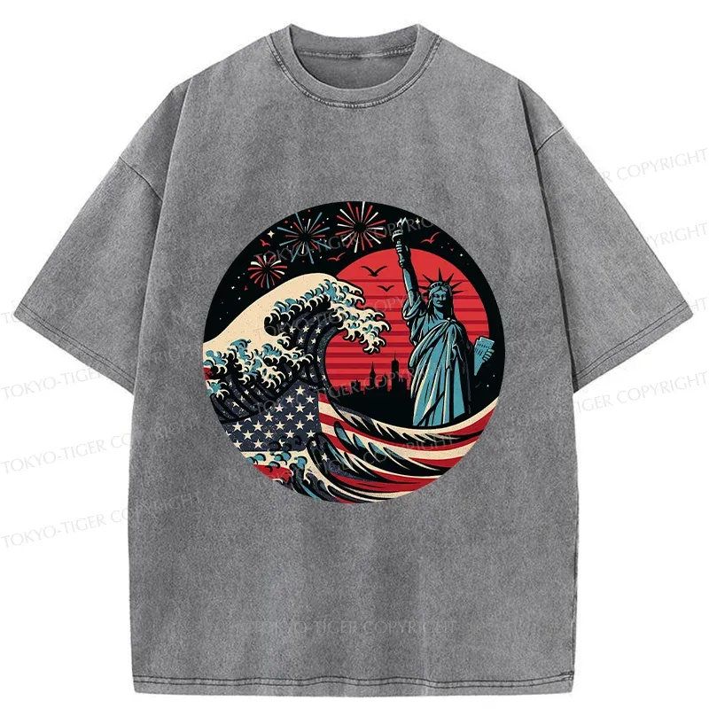 Tokyo-Tiger Independence Day And Waves Washed T-Shirt