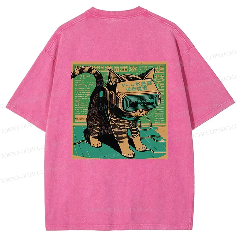 Tokyo-Tiger Cyberpunk Sci-Fi Cat Back Washed T-Shirt