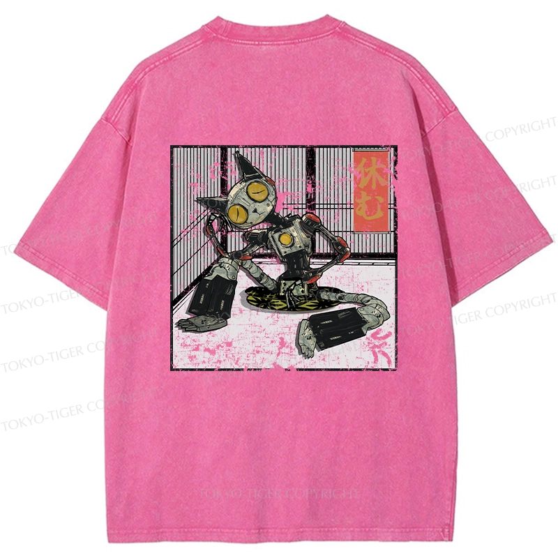 Tokyo-Tiger Robot Cat Taking A Rest Back Washed T-Shirt