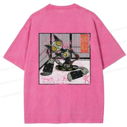 Tokyo-Tiger Robot Cat Taking A Rest Back Washed T-Shirt
