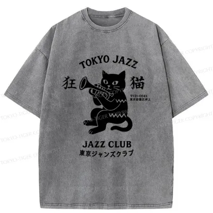Tokyo-Tiger Cat Blowing Trumpet Washed T-Shirt