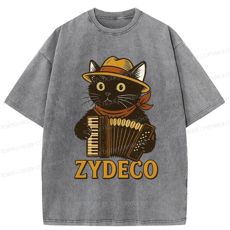 Tokyo-Tiger Cat Playing Accordion Washed T-Shirt