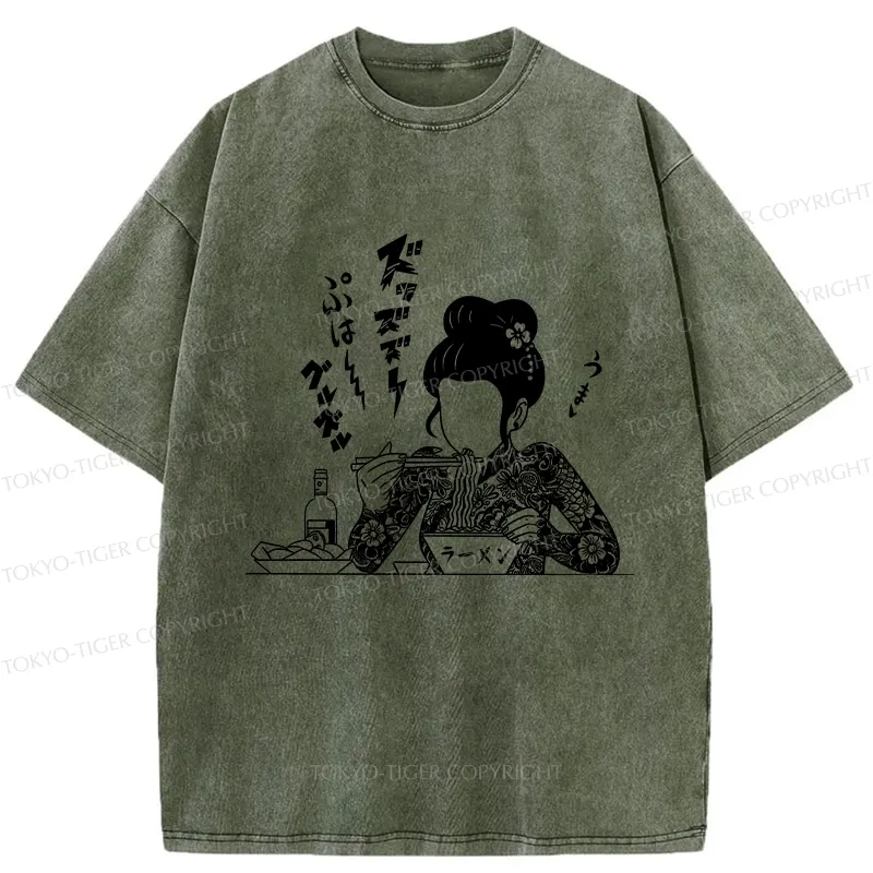 Tokyo-Tiger Japanese Beauty Eating Ramen Washed T-Shirt