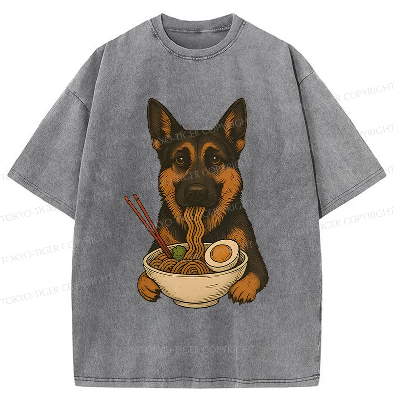 Tokyo-Tiger German Shepherd Eating Ramen Washed T-Shirt