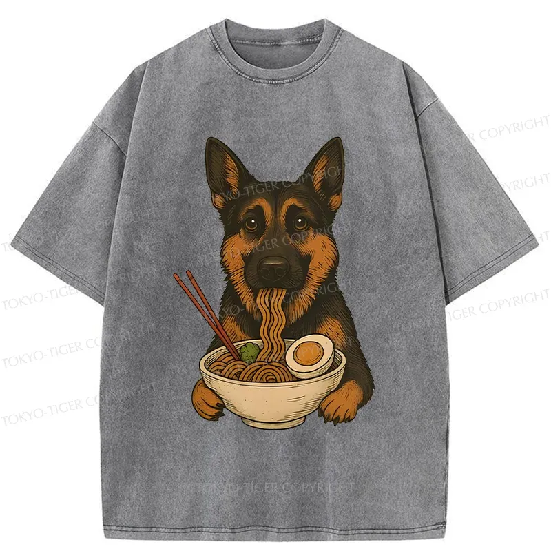 Tokyo-Tiger German Shepherd Eating Ramen Washed T-Shirt