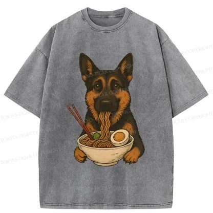 Tokyo-Tiger German Shepherd Eating Ramen Washed T-Shirt