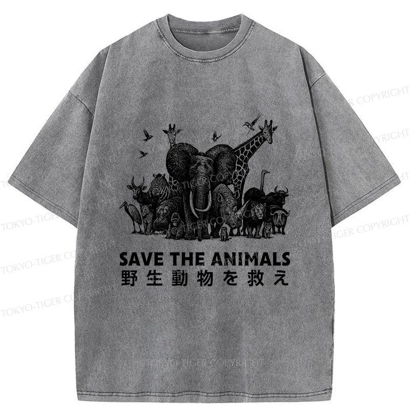 Tokyo-Tiger Save Animals Washed T-Shirt