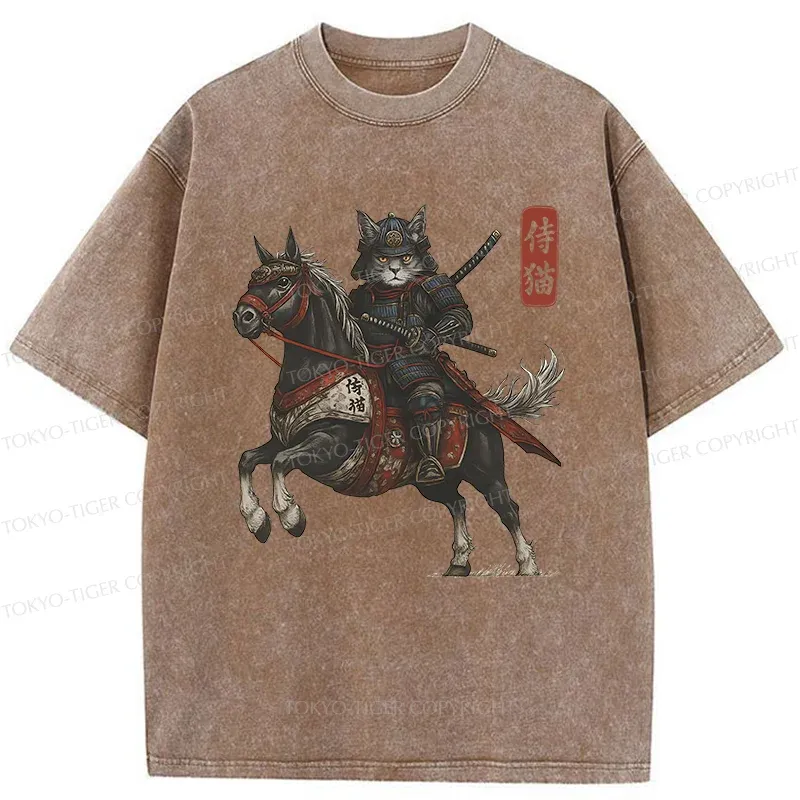 Tokyo-Tiger Cat Samurai Riding A Horse Washed T-Shirt