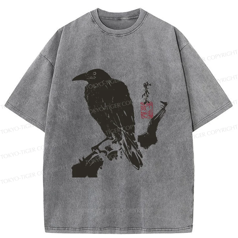 Tokyo-Tiger Crow Ancient Painting Washed T-Shirt