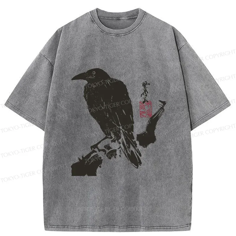 Tokyo-Tiger Crow Ancient Painting Washed T-Shirt