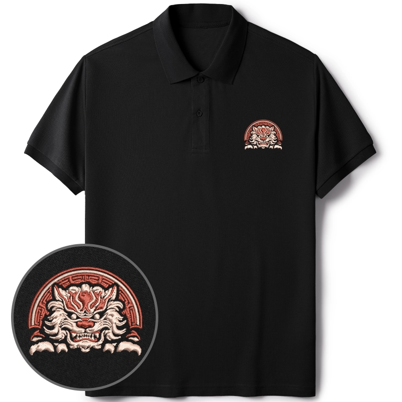 Tokyo-Tiger Japanese Komainu Embroidered Polo T-Shirt