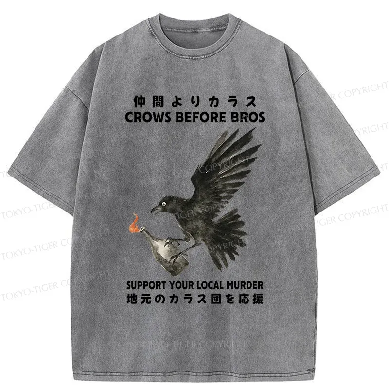 Tokyo-Tiger Crow Holding A Fire Bottle Washed T-Shirt